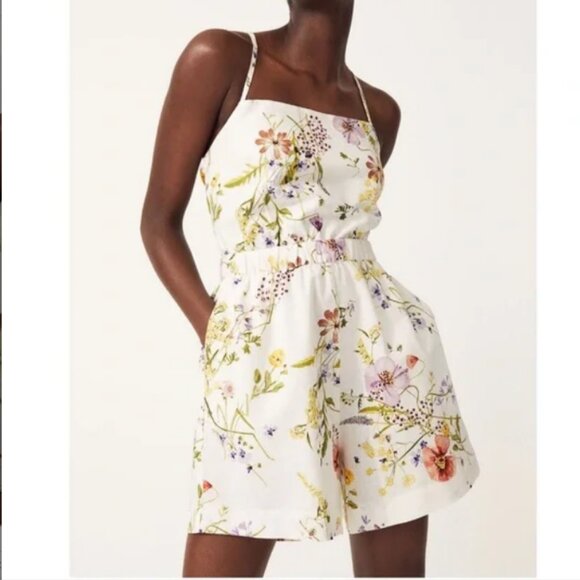 H&M Pants - H&M Wildflower Romper L | Open Back, Adjustable Ties, Pockets, Linen Blend
